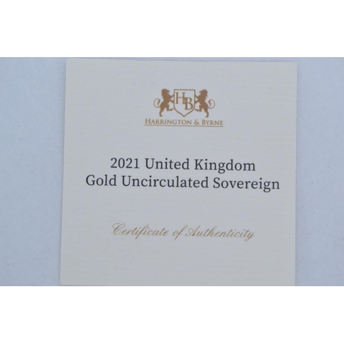 41 - 2021 Elizabeth II UK Gold Uncirculated Sovereign, from Harrington & Byrne, with certificate and ... 