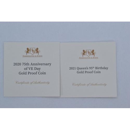 42 - Two Elizabeth II 24ct gold 0.5 gram proof coins, including: 2021 Elizabeth II 95th Birthday and 2020... 