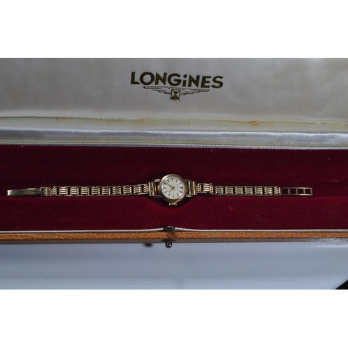 56 - Longines cocktail watch with 9ct gold bracelet strap and case with original box. Gross weight 14.39g... 