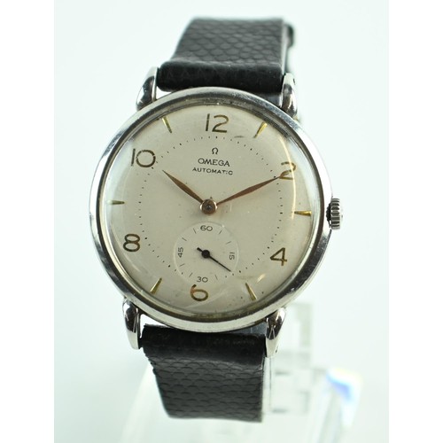 49 - Omega automatic gents wrist watch 17 jewels, white bezel gold coloured numerals, leather strap. with... 