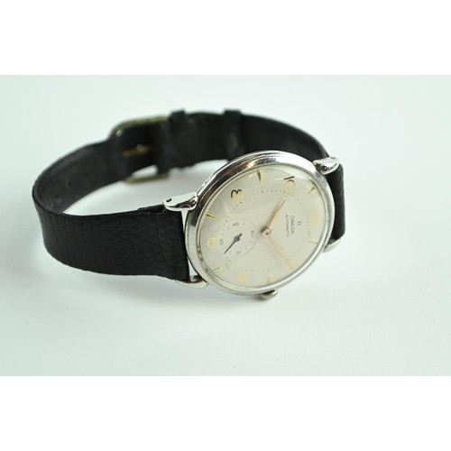 49 - Omega automatic gents wrist watch 17 jewels, white bezel gold coloured numerals, leather strap. with... 