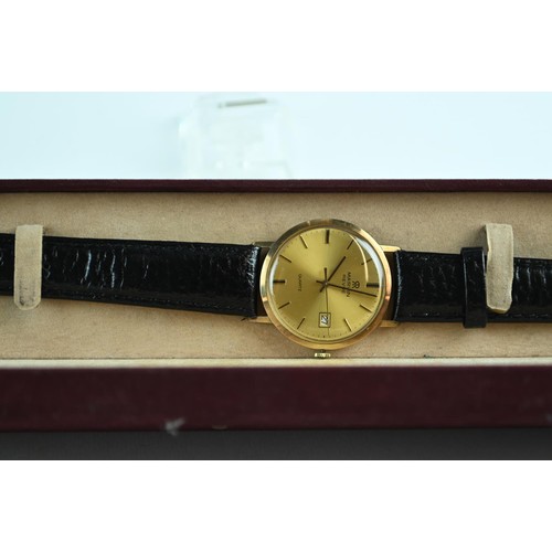 55 - Marvin Revue 9ct Quartz gents wrist watch date aperture with leather strap in original box. gross we... 