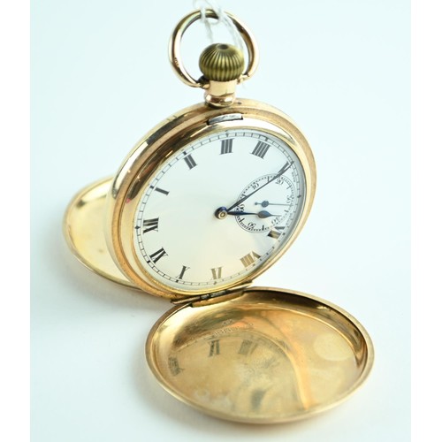 63 - Gents gold plated full hunter pocket watch with initial F to front. British made with Moon trade mar... 