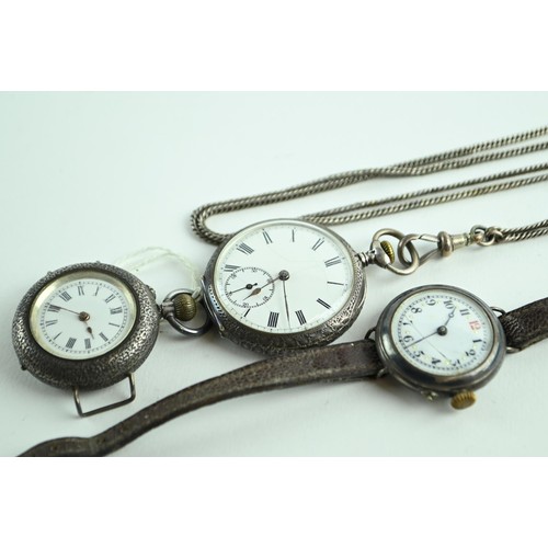 65 - Three silver watches, including Omega 935 silver open faced pocket watch (running) one Swiss made wr... 