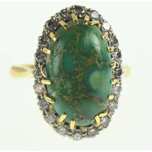 76 - 18ct gold, green turquoise & diamond cluster ring surrounded by 20 brilliant cut diamonds size N... 