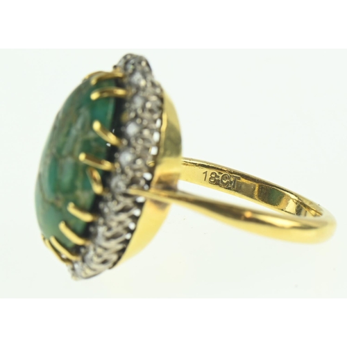 76 - 18ct gold, green turquoise & diamond cluster ring surrounded by 20 brilliant cut diamonds size N... 