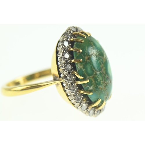 76 - 18ct gold, green turquoise & diamond cluster ring surrounded by 20 brilliant cut diamonds size N... 