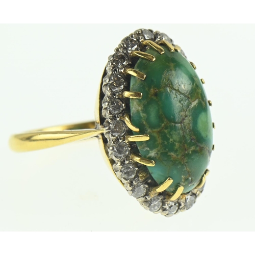 76 - 18ct gold, green turquoise & diamond cluster ring surrounded by 20 brilliant cut diamonds size N... 