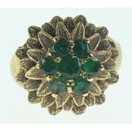 80 - 9ct gold and green stone cluster ring with leaf design, size O, gross weight 8.74 grams