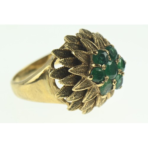 80 - 9ct gold and green stone cluster ring with leaf design, size O, gross weight 8.74 grams