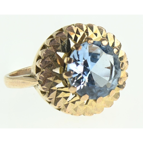 83 - 9ct gold ring set with aquamarine (stone diameter 9mm), size N, gross weight 5.62 grams