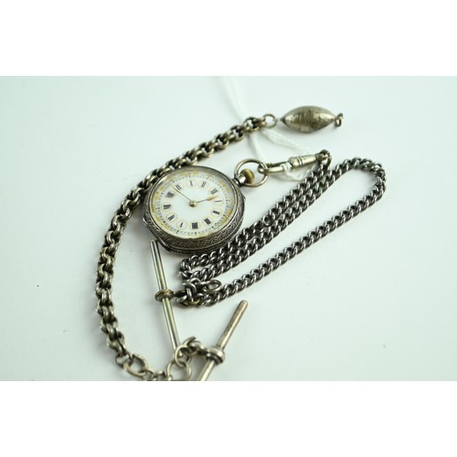 71 - Silver ladies open face pocket watch with two albert chains. One short and one regular. Silver marks... 