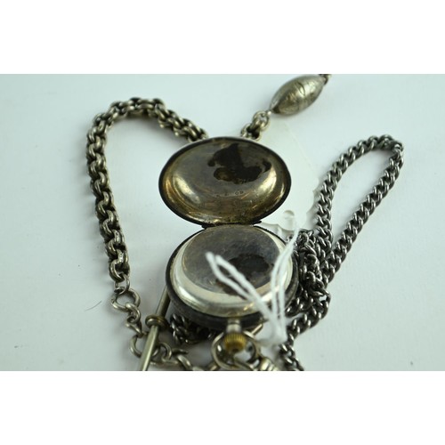 71 - Silver ladies open face pocket watch with two albert chains. One short and one regular. Silver marks... 