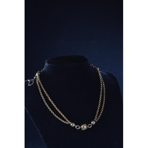 98 - 9ct gold fob chain with gold beads, clasp and hook, 25.6 grams