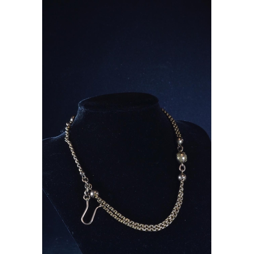 98 - 9ct gold fob chain with gold beads, clasp and hook, 25.6 grams