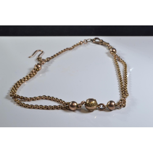 98 - 9ct gold fob chain with gold beads, clasp and hook, 25.6 grams