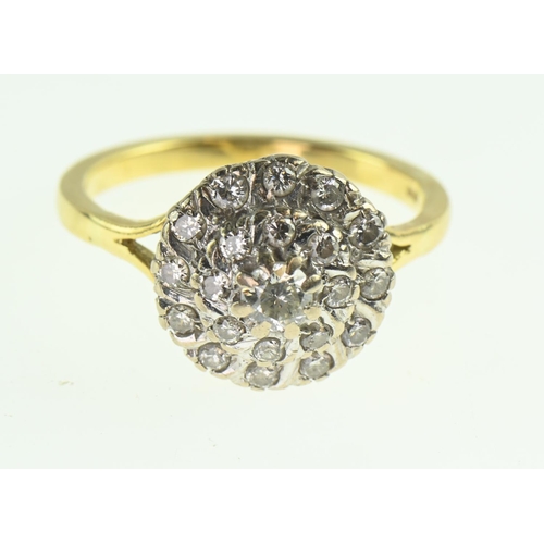 107 - 18ct gold and diamond cluster ring, size P1/2, gross weight 5 grams