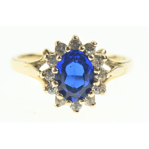 108 - 9ct gold, synthetic spinel and white stone cluster ring, size N, gross weight 3.22 grams