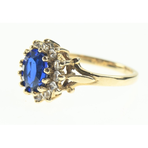 108 - 9ct gold, synthetic spinel and white stone cluster ring, size N, gross weight 3.22 grams