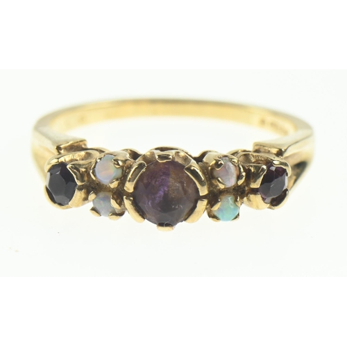 110 - 9ct gold ring set with amethyst and opals, size N1/2, gross weight 3 grams