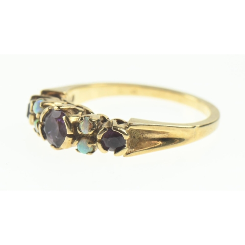 110 - 9ct gold ring set with amethyst and opals, size N1/2, gross weight 3 grams