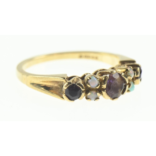 110 - 9ct gold ring set with amethyst and opals, size N1/2, gross weight 3 grams