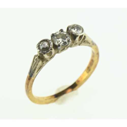 111 - 18ct gold, platinum and three stone diamond ring size P1/2, gross weight 3 grams