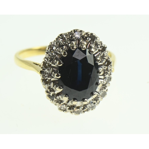 112 - 18ct gold, sapphire and diamond cluster ring, size O, gross weight 4.58 grams