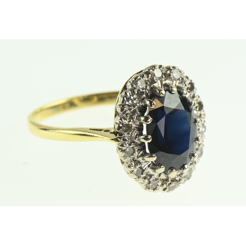 112 - 18ct gold, sapphire and diamond cluster ring, size O, gross weight 4.58 grams