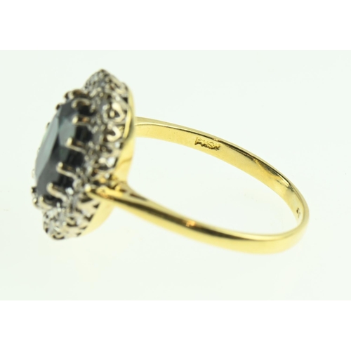 112 - 18ct gold, sapphire and diamond cluster ring, size O, gross weight 4.58 grams