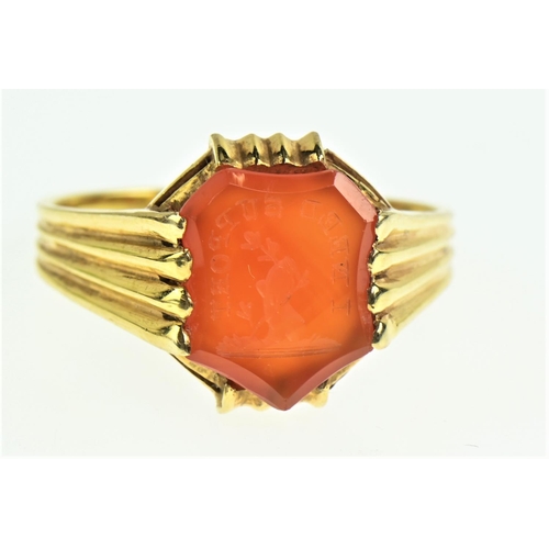 114 - 9ct gold carnelian intaglio ring inscribed 'I Need Support,' size O1/2, gross weight 2.85 grams