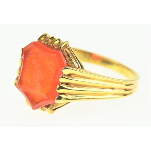 114 - 9ct gold carnelian intaglio ring inscribed 'I Need Support,' size O1/2, gross weight 2.85 grams