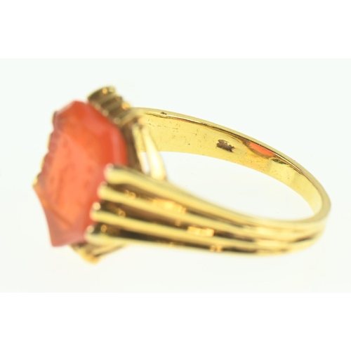 114 - 9ct gold carnelian intaglio ring inscribed 'I Need Support,' size O1/2, gross weight 2.85 grams