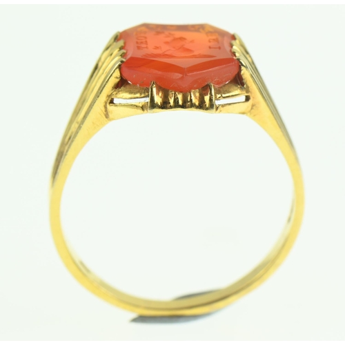 114 - 9ct gold carnelian intaglio ring inscribed 'I Need Support,' size O1/2, gross weight 2.85 grams