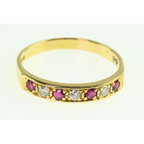 119 - 18ct gold, ruby and diamond half hoop ring, size S, gross weight 2.93 grams