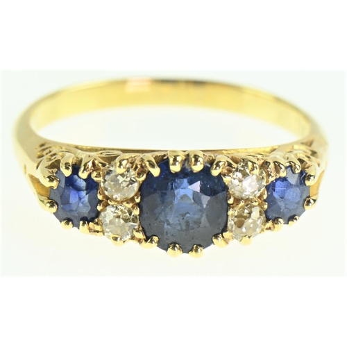 120 - 18ct gold sapphire and diamond ring, central sapphire diameter measures 5mm x 5mm, size Q1/2, gross ... 