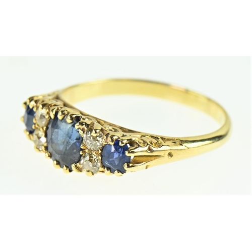 120 - 18ct gold sapphire and diamond ring, central sapphire diameter measures 5mm x 5mm, size Q1/2, gross ... 