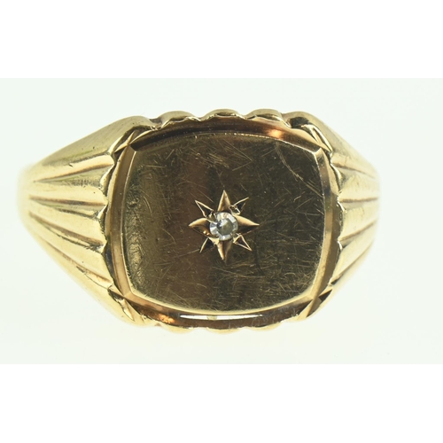 123 - 9ct gold signet ring set with a small diamond, size S1/2, gross weight 4 grams