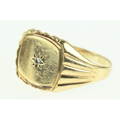 123 - 9ct gold signet ring set with a small diamond, size S1/2, gross weight 4 grams