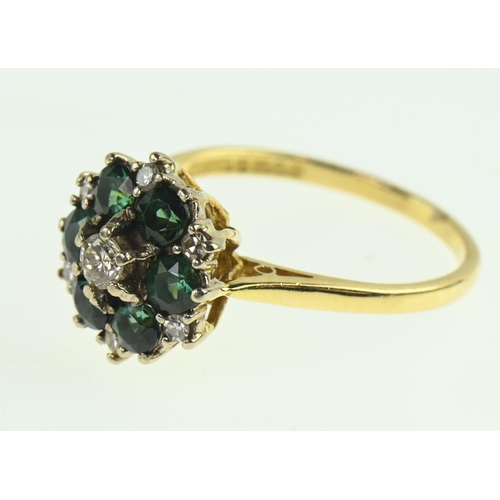 130 - 18ct gold, diamond and tourmaline cluster ring, size Q1/2, gross weight 4.96 grams