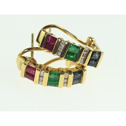 148 - Pair of 9ct gold earrings set with ruby, emerald, sapphire & diamonds with post and clip fitting... 