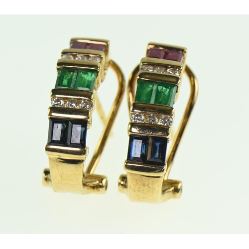 148 - Pair of 9ct gold earrings set with ruby, emerald, sapphire & diamonds with post and clip fitting... 