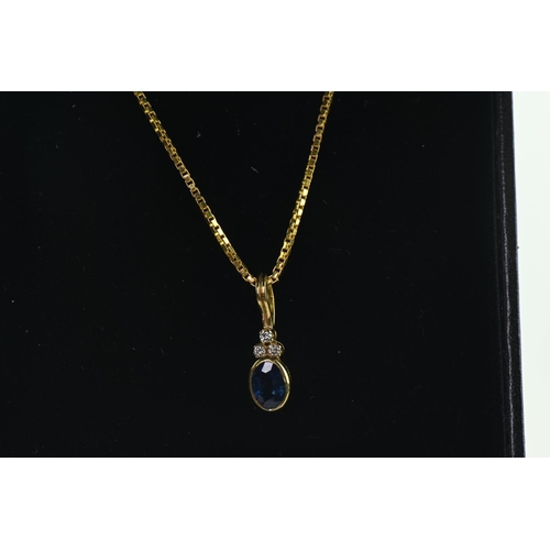 149 - 18ct gold, sapphire and diamond pendant with chain and earring set, gross weight 6.8 grams