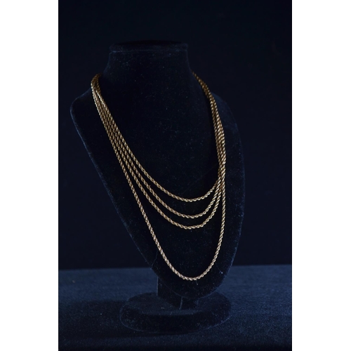 172 - Yellow metal long chain, tests positive for 9ct gold, circumference approximately 1,260mm, 11.6 gram... 