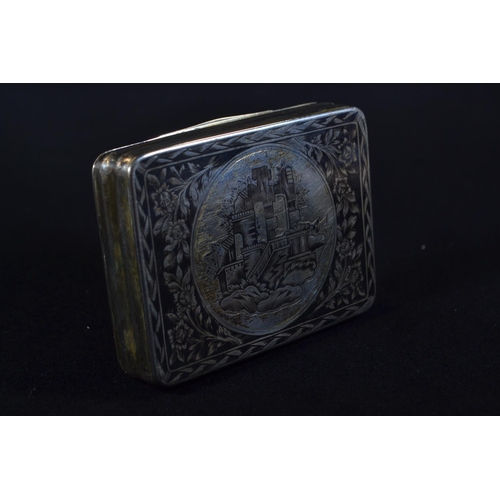 302 - Russian 84 zolotnik silver and niello box, assay maker and town marks indecipherable, the cover... 