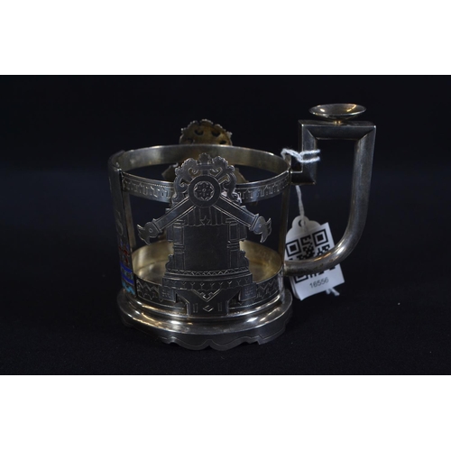 306 - Russian 84 standard silver and champlevé enamel tea glass holder, with crowned initials 'P.W.... 