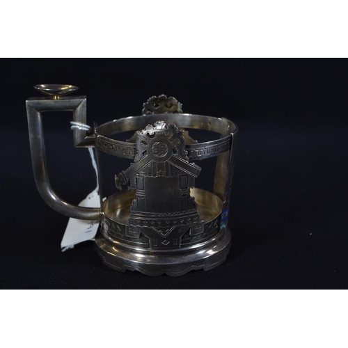 306 - Russian 84 standard silver and champlevé enamel tea glass holder, with crowned initials 'P.W.... 