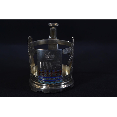 306 - Russian 84 standard silver and champlevé enamel tea glass holder, with crowned initials 'P.W.... 