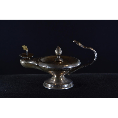 309 - Silver 'Aladdin's Lamp' cigar table lamp, A & J Zimmerman Ltd, Birmingham 1928, with a serpent h... 