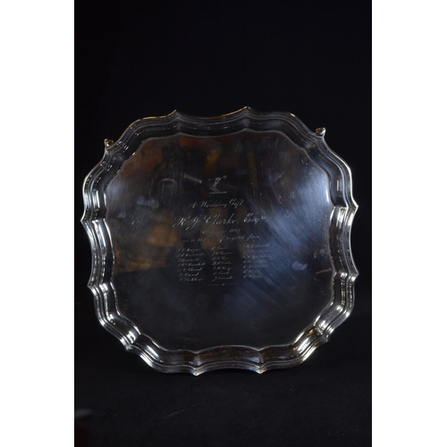 310 - Silver footed salver, Barker Brothers Ltd, Chester 1926, with presentation inscription, 26cm wide, 6... 